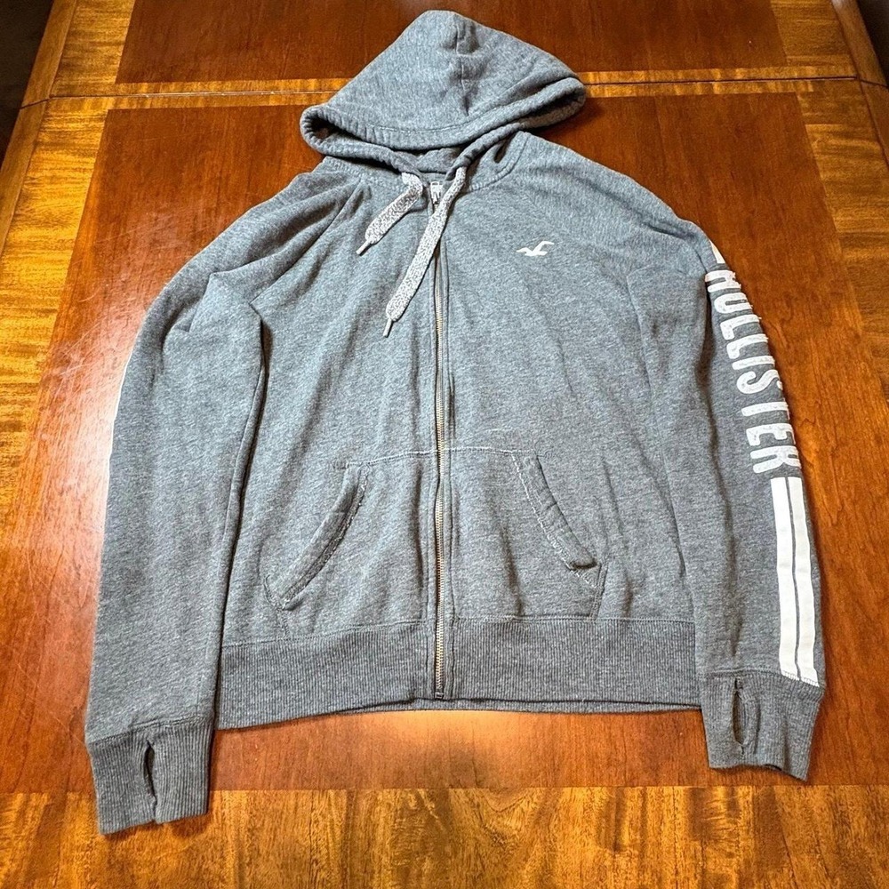 Hollister Gray Full Zip Hoodie Logo Sleeve Size L